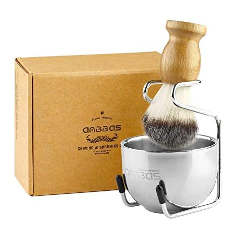 Anbbas Synthetic Badger Hair Shaving Brush and Stand Holder Stainless Steel Shave Bowl Mug Cover