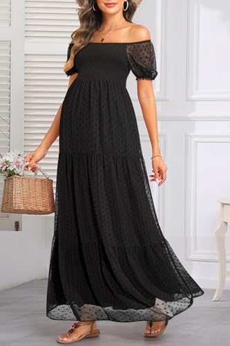 Image of Off The Shoulder Maternity Dress for Baby Shower - Women's Boho Swiss Dot Smocked Puff Sleeve Maxi Dress