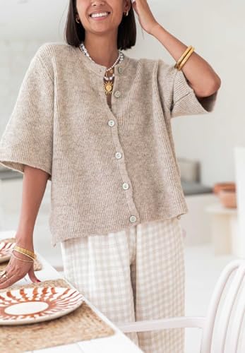 Image of Women Knit Crop Cardigan Y2k Short Sleeve Knitted Shirts Open Front Button Down Sweater Cute Fall Cardigans 2024