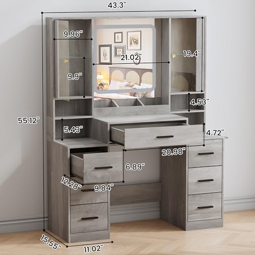 Image of BORNOON Vanity Desk with Mirror and Lights, Makeup Vanity with 7 Drawers, 2 Glass Door Cabinets, Charging Station, Adjustable Shelves, RGB Lighting, Holder