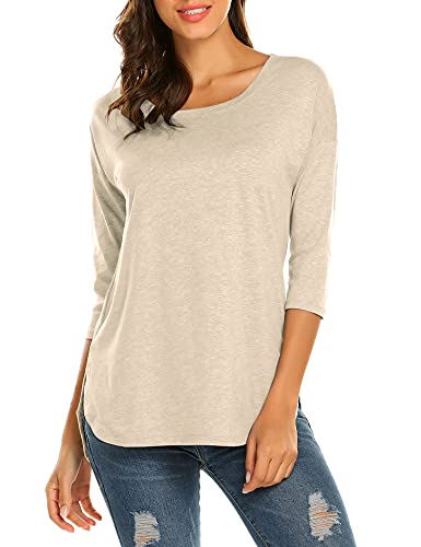 Sherosa Womens Shirts Casual 3/4 Sleeve Cotton Loose Fit Tunic Tops For Leggingscream,L #TOP1