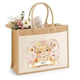 LIEBTASTISCH® Personalisierte Jutetasche mit Wunschname - Süße Highland-Kuh mit Blumenkranz - Einkaufstasche Damen Geschenk Tierliebhaber - Shopper Tragetasche Kuh Motiv - L