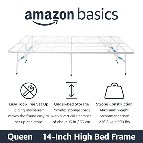 Amazon Basics Platform Bed Frame Queen, Foldable Metal, Tool-Free Setup, 14 Inches High, White