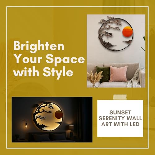 Image of RAZISH Sunset Serenity metal Wall Art | Abstract Sun Wall Decor | Modern Handcrafted Luxury Designer Sun Iron Wall Decor | Perfect for Living Room, Drawing Room, Hotel, Restaurant (Brown Leaves) (With LED)