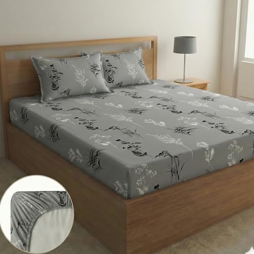 Image of Fashion String Microfibre Monochrome Wild Fern Corner Elastic Fitted Double Bedsheet (72x78 Inches) with 2 Pillow Covers