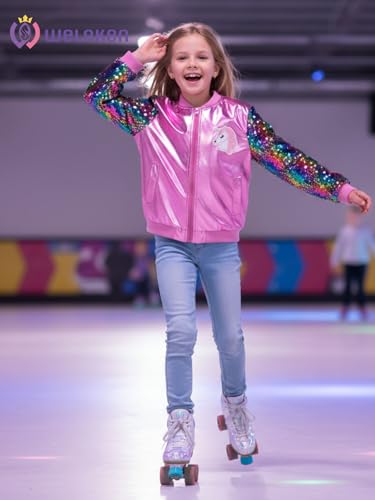 WELAKEN Uniocrn Bomber Jacket With Sparkly Sleeve For Girls, Toddler & Kids Sequin Lightweight Flight Jacket3