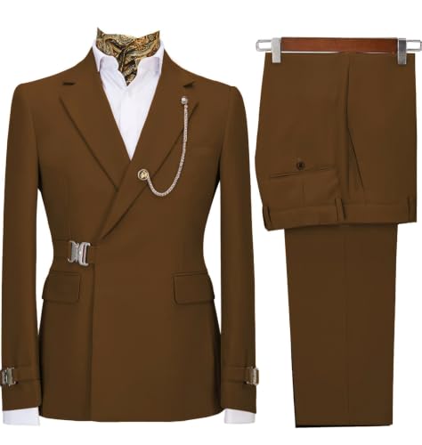 Men's 2 Piece Suit with Metal Clasp Slim Fit Suit Stylish Business Tuxedo Suit Set-S,Brown