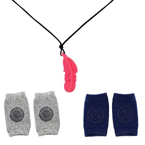 LADY HAWK Baby Knee Safety Protective Pad for Crawling, Anti-Slip Unisex Imported Socks with Leaf Shaped Orange Silicone Teether Soother Pendant. Gift Set 2 Pairs of Socks & 1 Teether.