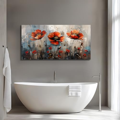 SERIMINO Large Wall Art for Living Room, Nature Floral Botanical Wall Decor, Red Flowers Canvas Prints Pictures, Wildflower Modern Home Decor Bathroom Dining Room Kitchen Paintings 24"X48"