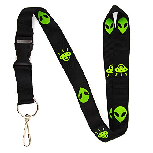 Alien & UFO Lanyard Keychain and ID Holder with Detachable, Breakaway Buckle for Keys or Badge - Durable Black Nylon - Funny Space Novelty Necklace