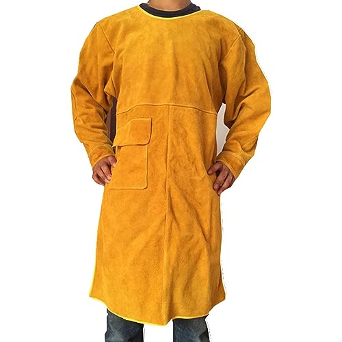 Grembiule Lavoro per Saldatura Regolabile in Pelle con Collo Alto e Manica Lunga per Protezione Ignifuga, Ampia Tasca (92 cm/36,2 pollici)