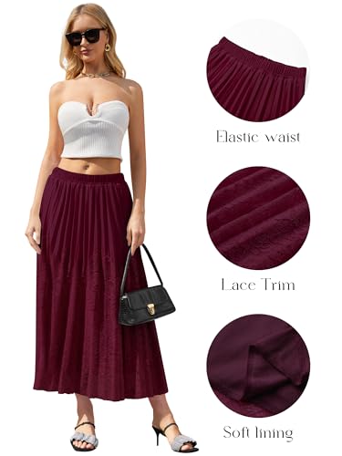 CYiNu Women's Lace Maxi Skirt Chiffon Tulle Elastic High Waist Boho Flowy Skirts(Wine,XL) — view 4
