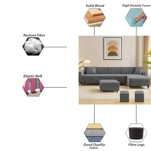 Image of Casaliving Garcia RHS 8 Seater L Shape Sofa Set with Ottoman & 2 Puffy for Living Room (Dark Grey) Premium Fabric Sofa Set