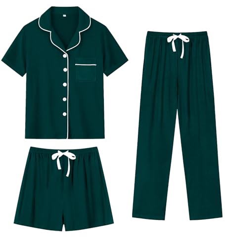 Image of SWOMOG Womens 3pcs Button Down Pajamas Set Short Sleeve Sleepwear Bride Pj Lounge Set with Long Pants