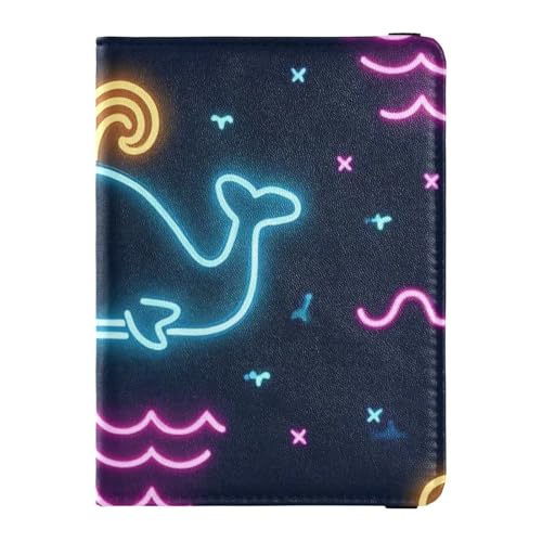 Summer Neon Whale Wave Nero Cuoio decorativo porta passaporto per le donne di viaggio Documenti di Viaggio Organizer Protector Passaporto Caso Leggero Estate neon wave nero 1 size
