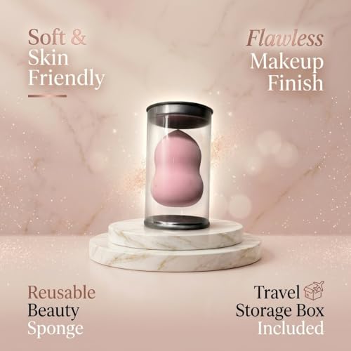 Image of Premium Beauty Blender Makeup Sponge with Plastic Storage Bottle | Ultra Soft Reusable Cosmetic Puff for Foundation, Concealer & Cream Blending | Travel Friendly Makeup Blender Sponge 1 Pc (Color May Vary)