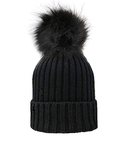 Women's Winter Trendy Warm Faux Fur Pom Pom Fashion Knit Beanie Hats MM3003 (Black +Black)