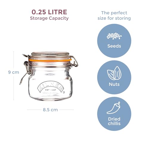 Image of Kilner Premium 250ml Airtight Leakproof Square Glass Jar with Clip Top Lid or Spices, Sauces, Chutneys, Baby Food, Honey, Ghee | Kitchen Storage Reusable BPA Free Glass Container