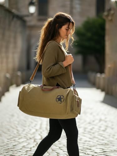 Image of The House of Tara Canvas Travel Duffle Bag | 25 litres | Sports Duffel | Gym Bags | for Men and Women | Adjustable Broad Strap | Airline Carry-On Luggage | Quick Access Pockets | Beige