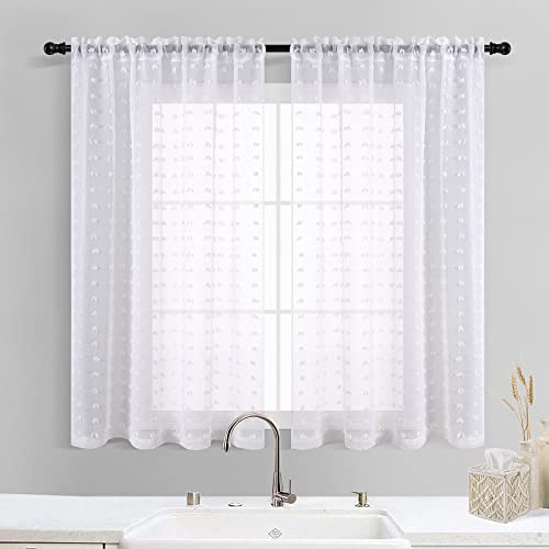 White Pom Pom Kitchen Curtains 45 Inch Length For Small Windows Bathroom2 Panel Sets Rod Pocket Cafe Short Boho Curtain Tier Light Filtering Textured Lace Laundry Boho Bathroom Decor 52X45 Long #TOP22