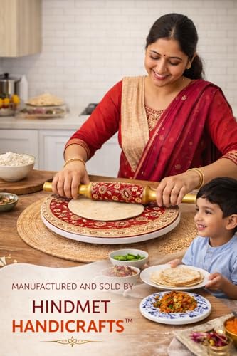 Image of Modern Floral Design Marble Chakla Wooden Belan | Printed 10 Inch Enamel Roti Maker with Belan | Heavy Duty Non-Slip Chakla for Roti, Chapati, Paratha |Kitchen Rolling Board (1 Set) (2.RED Gold)