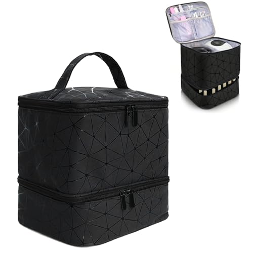 Zyiphor Nagellack Aufbewahrung Nagelkoffer Doppelschicht Tragbarer Nail Polish Organizer Tasche für 30 Flaschen,Nagellampe und Nagellack Zubehör (Schwarz)