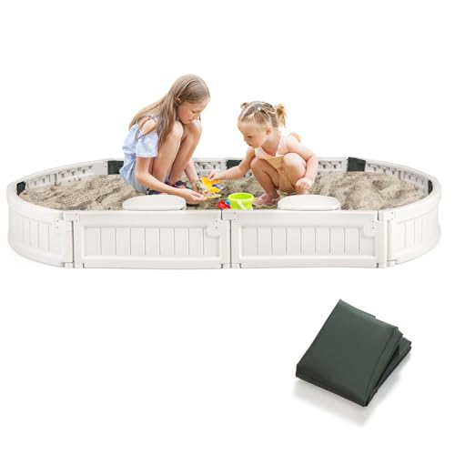 Costzon Kids Sandbox with Cover, Detachable Built-in Seating, Bottom Liner, Weather Resistant Outdoor Sandbox Kit, Child Outdoor Sand Pit for Backyard Lawn Garden Beach (White,Elliptical)