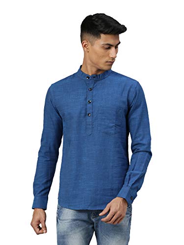 Image of KRYPTIC Men's Full Sleeve Regular Fit Short Kurta in Premium Pure Cotton with Patch Pocket and Mandarin Collar - Perfect Blend of Style and Comfort
