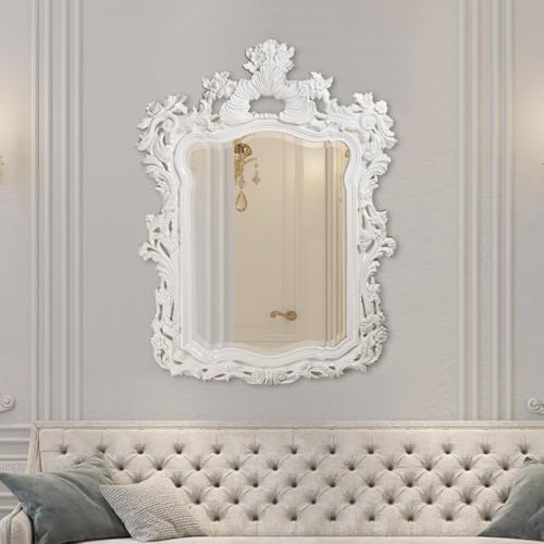 Howard Elliott Collection Turner Large Ornate Wall Mirror with Beveled Edges, White Rectangular Vanity Mirror with Baroque Scroll Pattern for Bedroom, Living Room, Bathroom and Entryway, 56 x 42 Inch