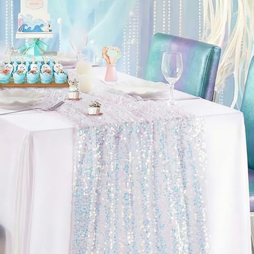B-COOL White Sequin Table Runner 10ft Glitter Table Runner 2pcs 25x120inch