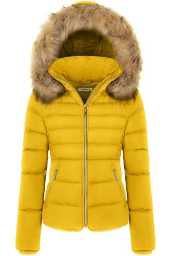 BodiLove Women's Winter Quilted Puffer Short Coat Jacket with Removable Faux Fur Hood and Zipper Sunflower L