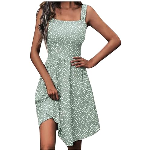 Image of Women's Summer Dresses High Waisted A Line Dress Cute Swing Sundress Square Neck Strappy Casual Dress with Pocket Sleeveless Beach Party Dress Ladies Beach Boho Floral Printed Holiday Dress Mini Dress