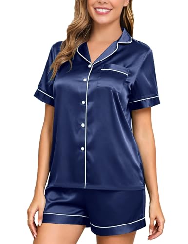 Image of Veseacky Women Satin Pajamas Set 2 Piece Button Down Short Sleeve Soft Sleepwear with Pockets