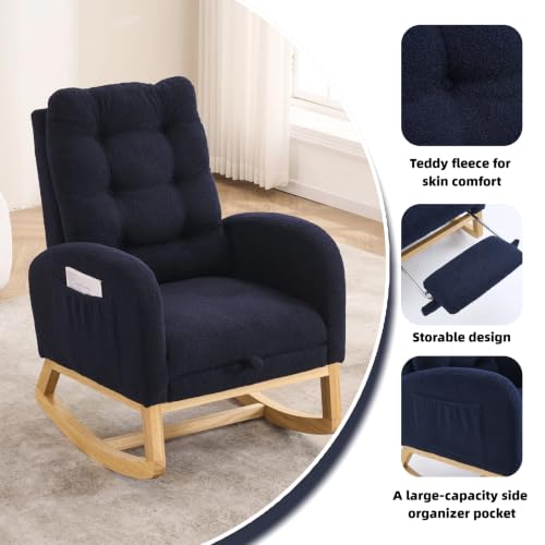 Image of Nursery Rocking Chair with Foot Rest, Teddy Upholstered Glider Chair with Side Pocket, Comfy Rocker Accent Armchair, Modern High Back Rocking Chairs for Living Room, Bedroom, Navy