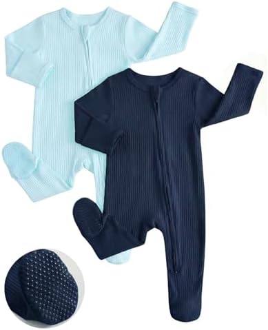 WYTbaby 2er Pack Baby Schlafanzug mit FußTeil und Umklappbaren Fäustlingen, Baumwolle Langarm Strampler Neugeborene Pyjam Kleidung für Junge Mädchen 0-18 Monate