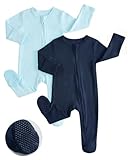 JiAmy Baby Grows Sleepsuits, Tiny Baby 100% Cotton Two-Way Zip Long Sleeve Footed Pajamas with Mitten Cuffs Navy Blue 0-3 Months