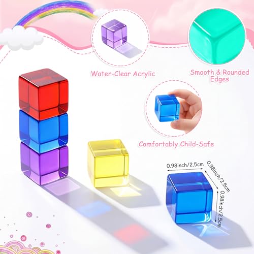 Image of Meooeck 30 Pcs Colored Cube Gem Blocks with Wooden Storage Box, Translucent Rainbow Acrylic Building Stacking Sensory Train Prism Toys for Toddler Kids Montessori School Classroom Supplies