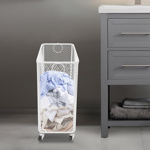 Image of Wire Metal Rolling Laundry Basket On Wheels,Mesh Wire Laundry Basket Storage Cart for Bathroom Bedroom Dirty Clothes Storage (H)