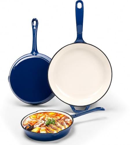 Nonstick Enameled Cast Iron Cookware - 3 enameled cast iron skillet 8-Inch 9.5 Frying Pan & 11-Inch Large Cookware Healthy Non Toxic Cooking Pan PFOA PFAS PTFE Free Navy