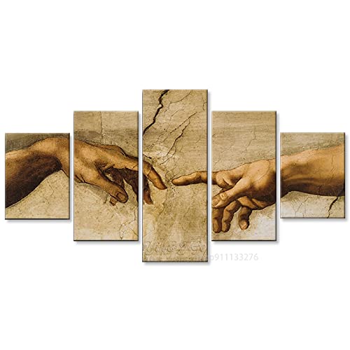 MRCCS Imprimir sobre Lienzo 5 Piezas Pintura Cinco Dibujo Consecutivas Impresión Moderna Decoración Casera Modular Abstracta Póster con Marco S/75cm×40cm Creation of Adam Hand of God