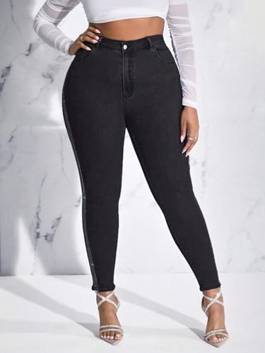 Women's High Waist Skinny Jeans Side Rhinestone Shaping Butt Lifting Denim Pants Black3