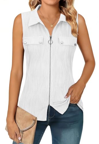 Flikity White Tank Top Women Vest Tops for Women UK Ladies Sleeveless Tops V Neck Business Casual Blouses for Women Office Work Zip Front Womens Polo Shirts Summer Fashion Women 2026 L