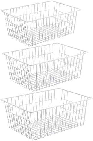 iPEGTOP Metal Wire Stroage Baskets, Large Freezer Refrigerator Organizer Bins, Home Office Shelf Freezer Storage for Bathroom, Pantry, Closets Organization Rack with Handles, 3 Pack, White