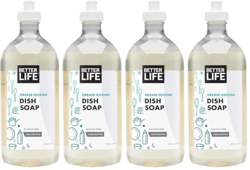 Image of Better Life Dish Soap - Liquid Dishwashing Soap with Vitamin E and Aloe for Home & Kitchen Sink - No Gloves Required Kitchen Soap for Sensitive Skin - 22oz (Pack of 4) Unscented