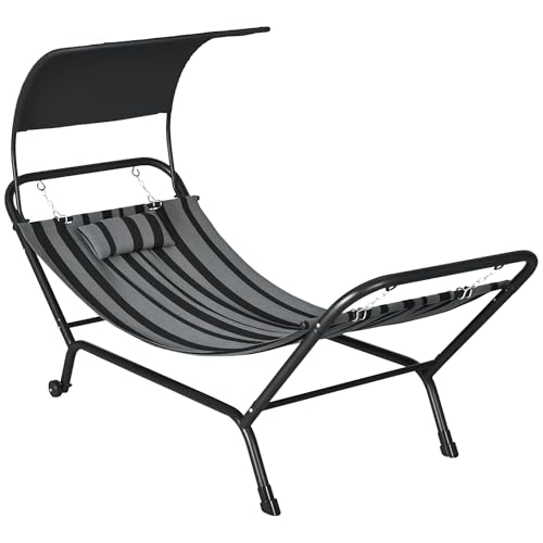 Outsunny Chaise Longue Bain de Soleil transat avec auvent, roulettes et Repose-tête, en Polyester et Acier, 240 x 92 x 148 cm, Gris foncé
