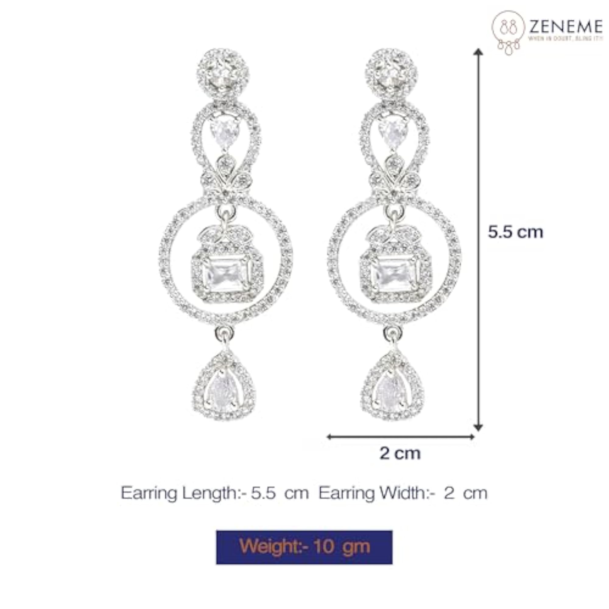 Rhodium-Plated Circular Drop Earrings with American Diamonds