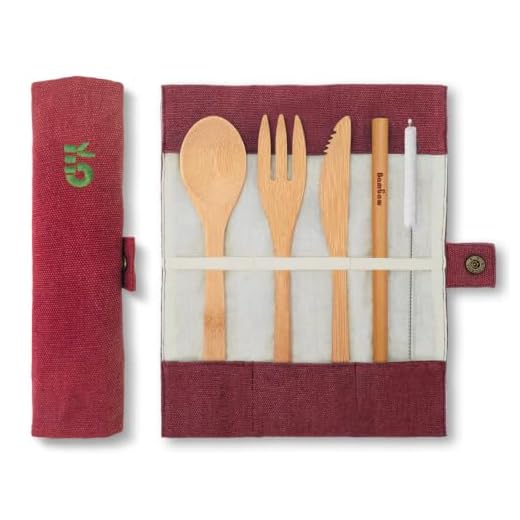 Bamboe Bestek Set | Eco Reisbestek | Milieuvriendelijk Tafelgerei | Mes, Vork, Lepel en Rietje | Houten Bestek Set | Bamboe Eetgerei | Camping Bestek Set met Opbergzakje | 20 cm | Olijf | Bambaw