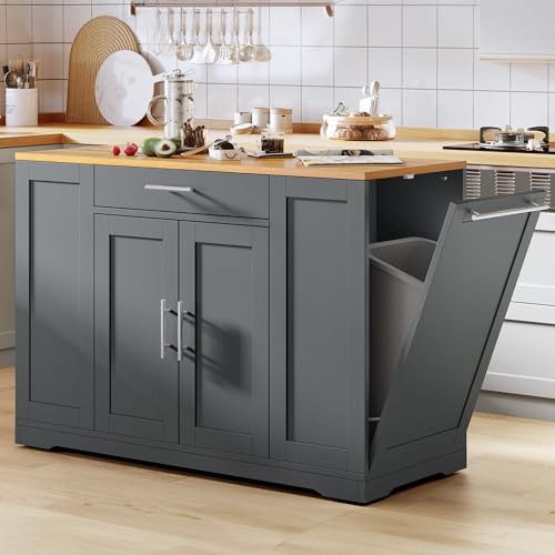 YITAHOME 53 inch Large Rolling Kitchen Island with Trash Can Storage Cabinet, Portable Mobile Islands Table Long Floating Movable w Wheels Cabinet for 13 Gallon Garbage Bin 2 Drawer, Grey
