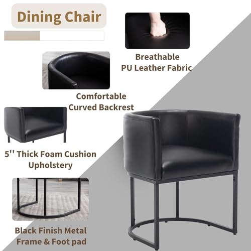 Image of HNY Mid Century Modern Upholstered Barrel Black Dining Chair with Arms, Leather Kitchen & Dining Room Chair, 18.5 inch Wide Accent Chair for Dining Room Living Room with Black Metal Frame