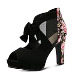 GATUXUS Open Toe Women Platform High Heel Shoes Bows Strappy Sandals (US 7, Black Flower)